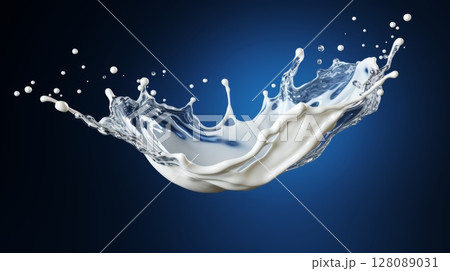 Realistic 3d milk splash on deep blue background illustration for design projects 128089031