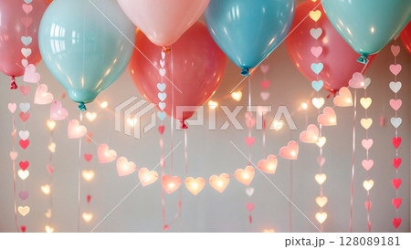 Valentine's day background - group of red heart shaped balloons over white brick wall 128089181