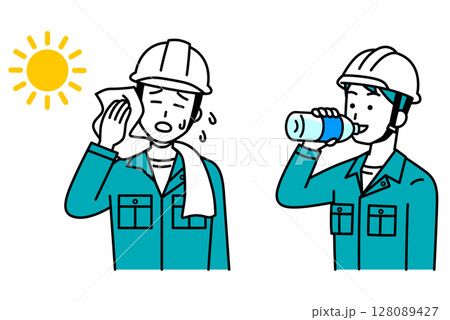 熱中症対策をする作業員の男性 セット 熱中症対策をする作業員の男性 セット 128089427