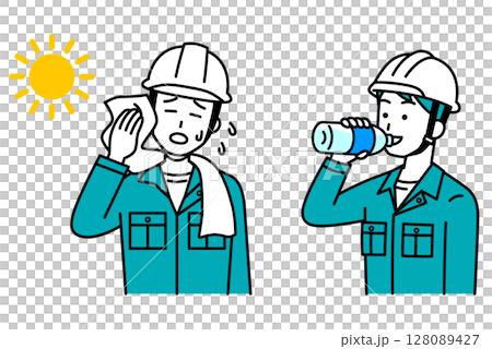 熱中症対策をする作業員の男性 セット 熱中症対策をする作業員の男性 セット 128089427