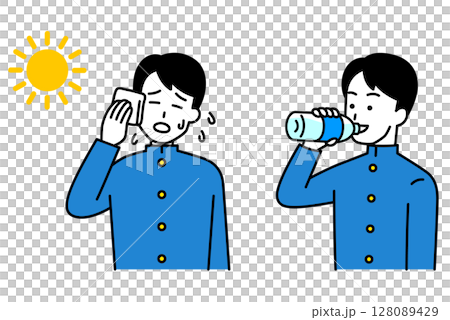 Male students taking measures against heat stroke, set Male students taking measures against heat stroke, set 128089429