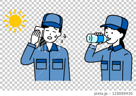 一群穿著工作服的婦女正在採取防暑措施 一群穿著工作服的婦女正在採取防暑措施 128089430