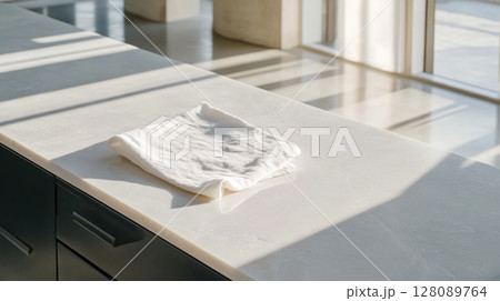 Overhead shot of a modern minimalist kitchen island with a white stone countertop and a zen aesthetic. Clean and bright kitchen background 128089764