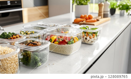 Overhead view of a spotless kitchen counter with neatly arranged glass meal prep containers filled with healthy colorful food. Clean and bright kitchen background 128089765