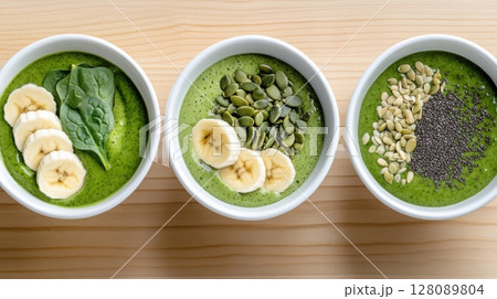 Overhead view of three healthy smoothie bowls with green base and nutrient-rich toppings on a light wooden table. Clean and bright kitchen background 128089804