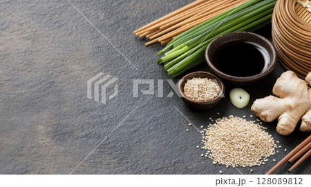 Overhead scene of Asian cooking essentials with soba noodles and shiitake mushrooms. Clean and bright kitchen background 128089812