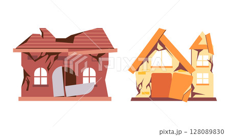 After disaster damaged dilapidated houses cracked walls broken windows collapsing roofs and structural damage representing abandonment destruction 128089830