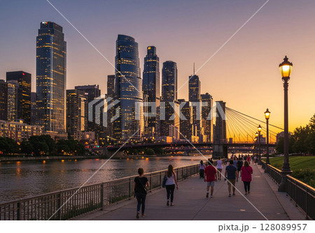 business people walking along the waterfront 128089957