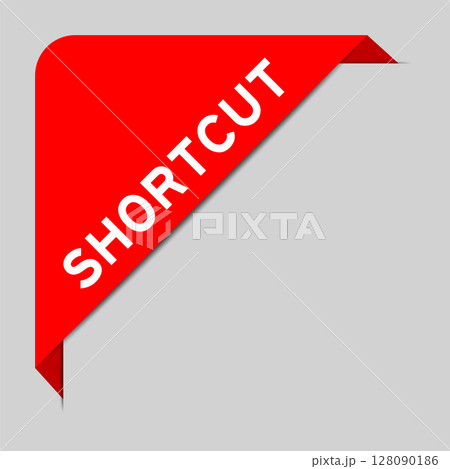 Red color of corner label banner with word shortcut on gray background 128090186