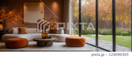 Contemporary Fall Inspired Interior, Neutral Palette, Natural Materials, Soft Lighting 128090365
