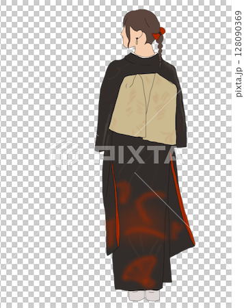 Back view of an adult woman wearing a black furisode 128090369