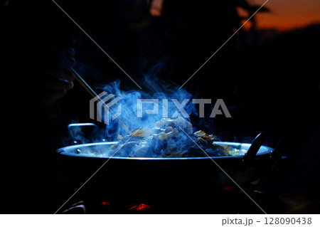 beautiful smoke of Thai BBQ buffet or Thai-style Barbecue in dark night 128090438