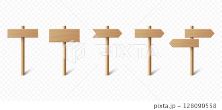Vector Realistic Wooden Blank Sign Post Set. Realistic Road Signboard. Plywood Pointer, Timber, Directional Sign Design Template, Front View. Vector Illustration in 3D Style 128090558