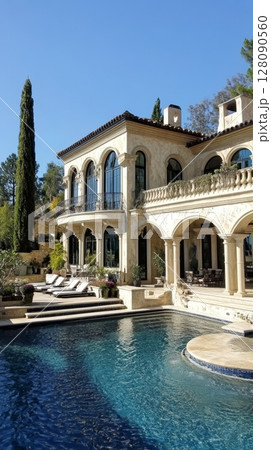 Elegant Malibu estate boasts exquisite design, a peaceful pool, and beautiful landscaping under clear blue skies in California 128090560