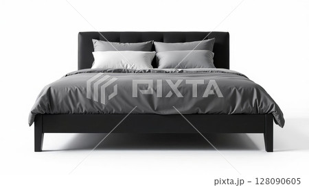 Minimalist black bed frame showcasing gray bedding in a contemporary setting, emphasizing simplicity and elegance in bedroom decor Minimalist black bed frame showcasing gray bedding in a contemporary setting, emphasizing simplicity and elegance in bedroom decor 128090605