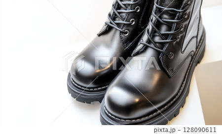Black boots are presented from a top-down perspective, highlighting their glossy finish and intricate lacing against a neutral backdrop 128090611
