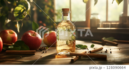 A glass bottle of apple cider vinegar sits on a wooden table surrounded by fresh apples and cinnamon sticks, warmly lit by sunlight 128090664