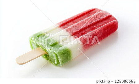 A delicious ice cream popsicle with vibrant layers of green, white, and red sits ready to be enjoyed on a warm summer day 128090665