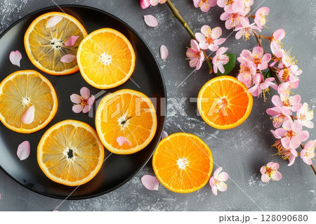 Bright orange slices arranged on a sleek black plate are elegantly complemented by soft pink flowers, evoking a fresh and vibrant ambiance 128090680