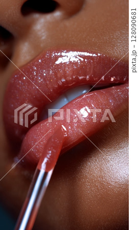 Detailed close-up of lips as lipgloss is applied with precision, highlighting the glossy finish and soft texture against the skin Detailed close-up of lips as lipgloss is applied with precision, highlighting the glossy finish and soft texture against the skin 128090681