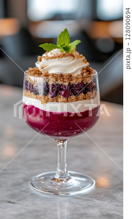 Layered dessert showcases vibrant colors with creamy layers, topped with whipped cream and mint, perfect for any sweet tooth 128090694
