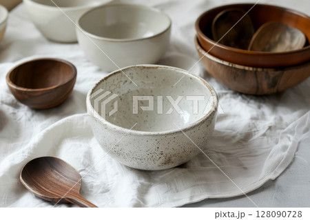 Colorful textured ceramic bowls and wooden spoons rest on soft white fabric, fostering a cozy kitchen vibe Colorful textured ceramic bowls and wooden spoons rest on soft white fabric, fostering a cozy kitchen vibe 128090728
