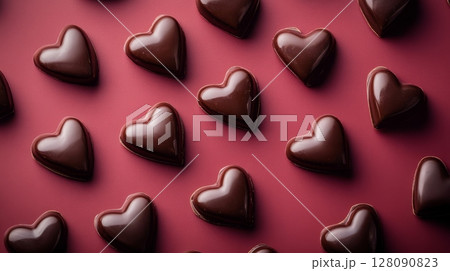Heart-shaped chocolates arranged neatly on a maroon background showcase their rich texture and inviting appearance, ideal for gifting 128090823