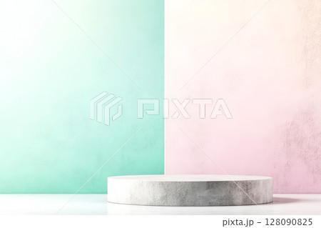 Empty modern abstract setting showcases a circular platform against pastel-colored walls, ideal for product display or photo shoots Empty modern abstract setting showcases a circular platform against pastel-colored walls, ideal for product display or photo shoots 128090825