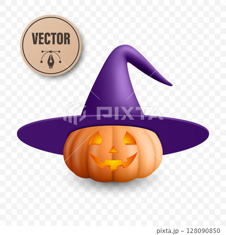 Vector Halloween Pumpkin with Witch Hat. Glowing Jack-o-Lantern with Spooky Smile and Witch Hat for Halloween Party Decor. Halloween Digital Clipart Vector Halloween Pumpkin with Witch Hat. Glowing Jack-o-Lantern with Spooky Smile and Witch Hat for Halloween Party Decor. Halloween Digital Clipart 128090850