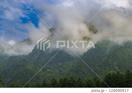 朝霧に包まれる上高地の山々｜静寂な緑の絶景 128090917