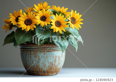 Gardening concept. Plant in pot. Potted sunflower plant with yellow flowers on a white background. Gardening concept. Plant in pot. Potted sunflower plant with yellow flowers on a white background. 128090923
