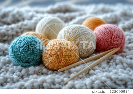 Cozy Setup. Cream-colored yarns skeins and knitting needles on a white background. 128090954