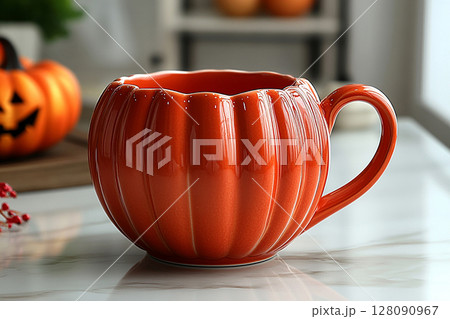 Ceramic cup in shape of a orange pumpkin in a rustic style on a white background. 128090967