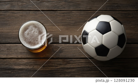 Soccer fan lifestyle with classic black and white ball and cold glass of beer on wooden table 128091230