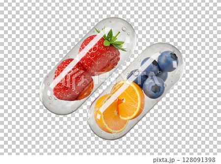 Fruit-filled capsules illustrating nutritional vitamins on transparent background, healthy supplements, natural wellness, dietary concept, colorful pill design 128091398