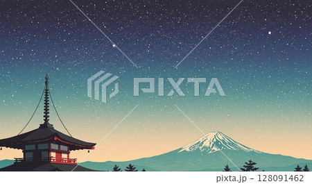星空を背景にした美しい富士山と伝統的な建物 128091462