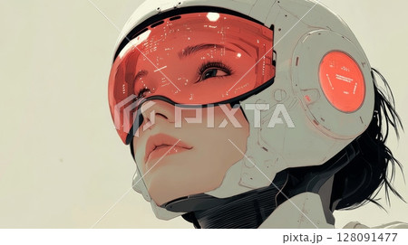 Futuristic helmet design featuring sleek visor and advanced technology elements showcasing innovative aesthetics for futuristic fashion statement 128091477