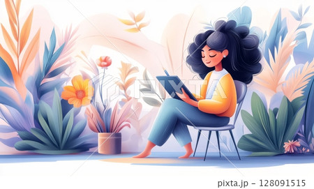 Woman sitting in chair surrounded by vibrant plants while using tablet, enjoying peaceful atmosphere in modern, cozy interior space, perfect for relaxation and focus 128091515