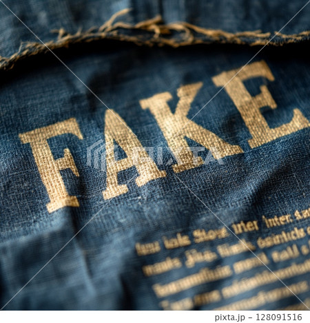 Examination of denim fabric with intricate stitching highlighting word FAKE presented prominently on deep blue material, illustrating aspects of clothing design and craftsmanship in textile industry 128091516