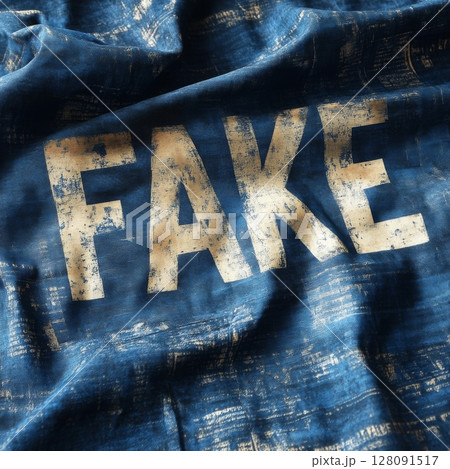 Fabric with prominent FAKE text design showcasing an abstract blue pattern, ideal for creative projects, artistic displays, or fashion applications, emphasizing modern trends and statements 128091517