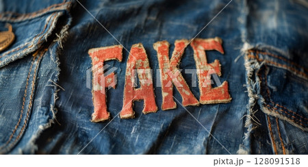 Denim jacket adorned with a bold patch displaying the word FAKE in vibrant red letters set against distressed blue fabric, showcasing a unique street fashion statement 128091518
