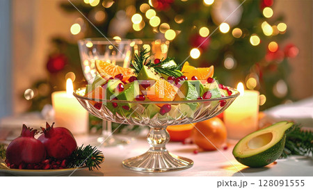 アボカドとザクロとみかんとクリームチーズのクリスマスの前菜 アボカドとザクロとみかんとクリームチーズのクリスマスの前菜 128091555
