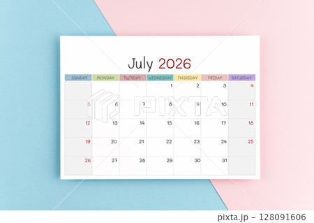 July 2026 calendar page on blue and pink color background. July 2026 calendar page on blue and pink color background. 128091606