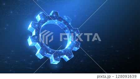 Gear. Abstract vector wireframeone gear 3d modern illustration on dark blue background. 128091639