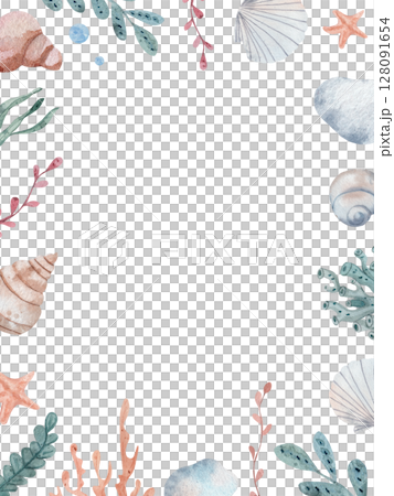 Watercolor rectangular frame with seaweed and seashells on white background. Hand-painted marine border with space for text, perfect for invitations, greeting cards, posters 128091654
