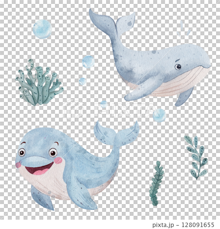 Watercolor set with smiling dolphin, whale, seaweed and water bubbles. Isolated on white background. Cute children's illustration. perfect for kids room decor, prints, cards and invitations. 128091655