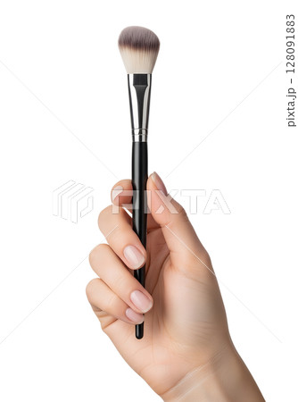 Woman's hand holding makeup brush for foundation or powder application, beauty and cosmetics concept, isolated on transparent background, professional makeup tool 128091883