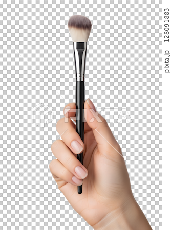 Woman's hand holding makeup brush for foundation or powder application, beauty and cosmetics concept, isolated on transparent background, professional makeup tool 128091883