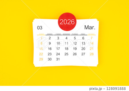 March 2026 card calendar on yellow color background. March 2026 card calendar on yellow color background. 128091888
