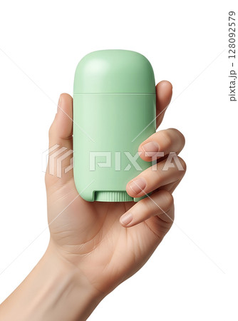 Woman's hand holding pastel green antiperspirant deodorant container, hygiene and personal care product, isolated on transparent background, natural cosmetic Woman's hand holding pastel green antiperspirant deodorant container, hygiene and personal care product, isolated on transparent background, natural cosmetic 128092579